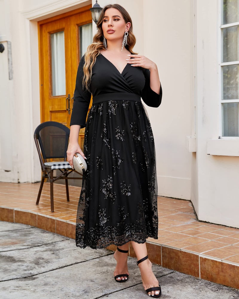 GRAPENT Women's Plus Size Sequin 3/4 Sleeves Evening Gown Party Long Maxi Dress Black Size 18W - Image 3